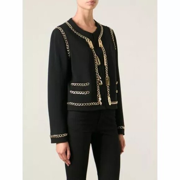 Moschino Black Jacket Gold Chain Logo LetterS TRIM Couture Italian IT40 USA 6 - Picture 9 of 13